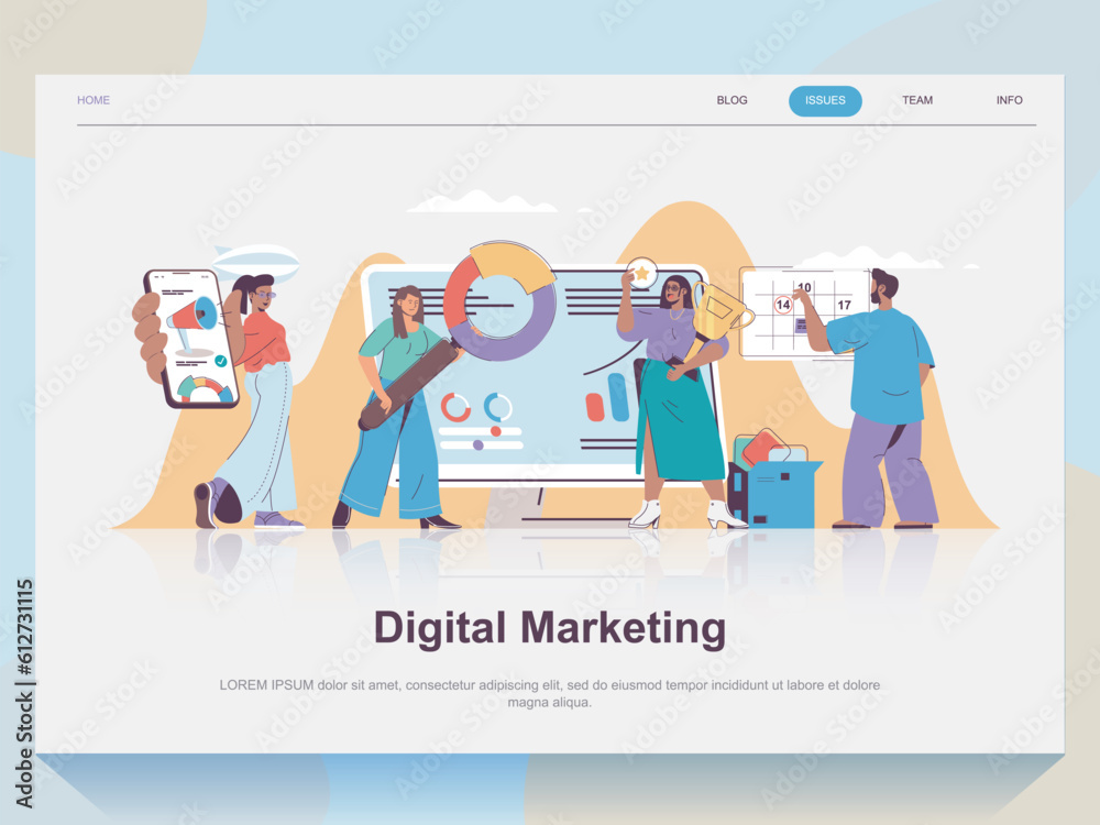 Aufkleber digital marketing web concept for landing page in flat design. man and woman analyze statistics and 