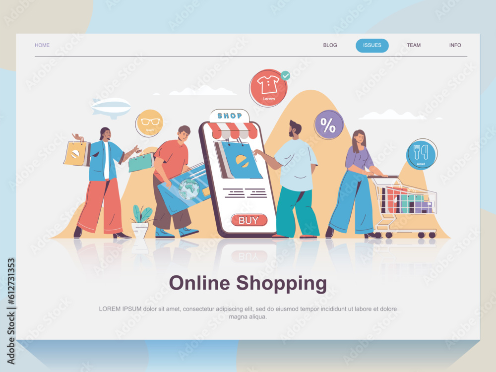 Poster online shopping web concept for landing page in flat design. man and woman making purchases, orderin