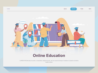 Online education web concept for landing page in flat design. Man and woman reading books, watching webinars and video lessons, graduation. Vector illustration with people scene for website homepage
