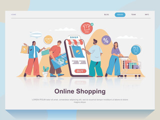 Fototapeta na wymiar Online shopping web concept for landing page in flat design. Man and woman making purchases, ordering delivery and paying with credit cards. Vector illustration with people scene for website homepage