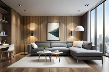 Fototapeta premium Interior of Living Room Modern style with Grey fabric sofa, Wooden side table, and white ceiling lamp on Wooden floor, Generative AI 