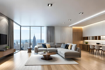 Fototapeta premium Interior of Living Room Modern style with Grey fabric sofa, Wooden side table, and white ceiling lamp on Wooden floor, Generative AI 