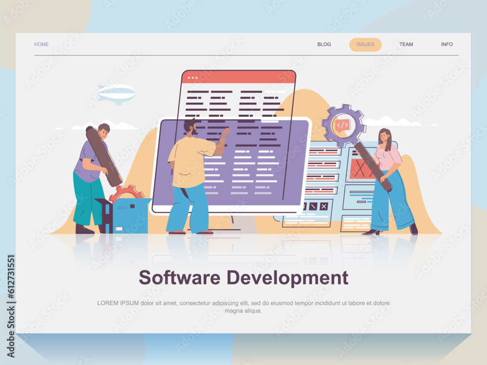 Aufkleber Software development web concept for landing page in flat design. Man and woman brainstorming and creating program code, tech support team. Vector illustration with people scene for website homepage