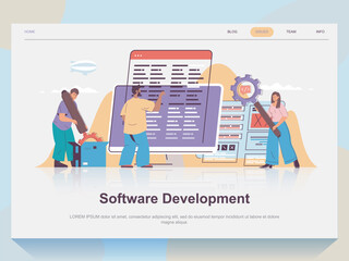 Software development web concept for landing page in flat design. Man and woman brainstorming and creating program code, tech support team. Vector illustration with people scene for website homepage