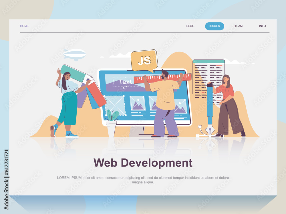 Leinwandbilder web development concept for landing page in flat design. man and woman working on ui application, co