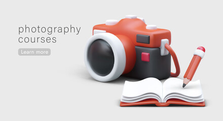 Photography from scratch. Basic courses for beginners. Modern portrait and landscape photo. Online and offline lessons. Advertising poster in cartoon style