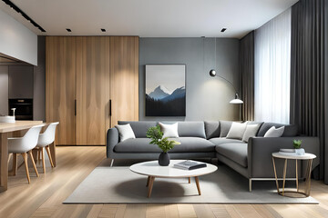 Fototapeta premium Interior of Living Room Modern style with Grey fabric sofa, Wooden side table, and white ceiling lamp on Wooden floor, Generative AI 