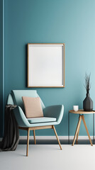 Blank picture frame mockup on blue wall. Modern living room design. For Instagram Story. generative AI