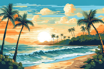 Fototapeta na wymiar tropical palm beach ocean at sunset summer holiday illustration Generative AI