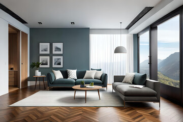 Fototapeta premium Interior of Living Room Modern style with Grey fabric sofa, Wooden side table, and white ceiling lamp on Wooden floor, Generative AI 