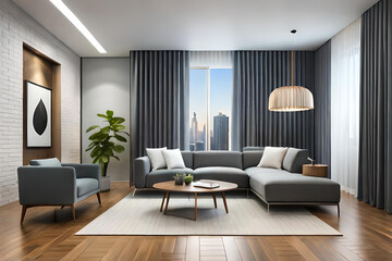 Interior of Living Room Modern style with Grey fabric sofa, Wooden side table, and white ceiling lamp on Wooden floor, Generative AI 