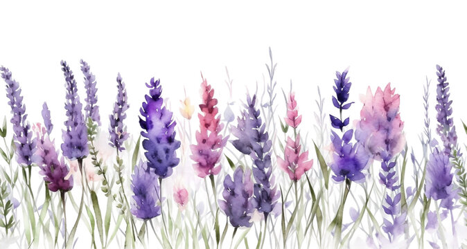 Seamless border of tender watercolor lavender flowers border on transparent background, AI generated