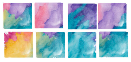 Watercolor squares and rectangulars collection in bright rainbow colors colors. Watercolor stains set isolated on white background. Design elements.