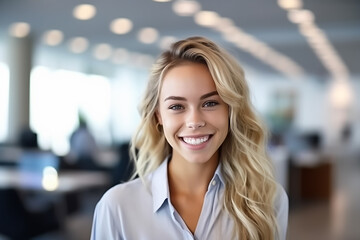 Self confident business woman standing smiling in modern office looking at camera - business management theme, women power, board of directors - Generative AI - obrazy, fototapety, plakaty