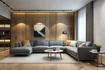 Interior of Living Room Modern style with Grey fabric sofa, Wooden side table, and white ceiling lamp on Wooden floor, Generative AI 