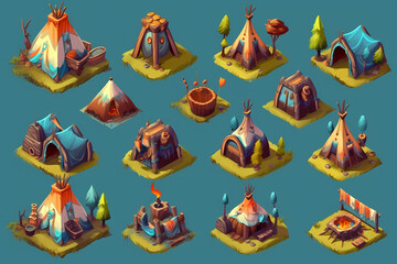 Isometric Camp or Tents Fantasy game assets - Vector Illustration 
