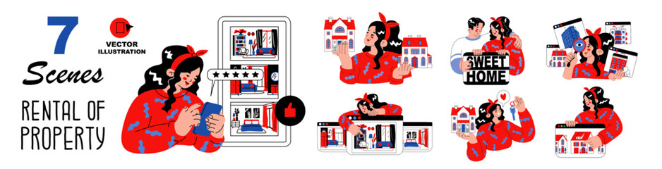 A set of seven scenes on the theme of rental housing. The girl is looking for or renting an apartment through the Internet service. Investment in real estate. Vector illustration isolated.