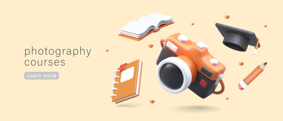 Photography courses. Practice on modern equipment. Study of composition, colors, lighting. Horizontal poster with 3D camera, educational equipment. Modern profession