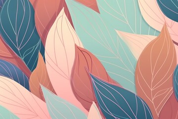  Colorful pastel minimalist background with line leaves. Generative AI