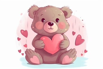 Cute bear sitting with big pink pillow in a shape of a heart. Generative AI
