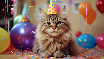 Fototapeta na wymiar Cat celebrating his birthday with piece of cake and party hat, funny cat wearing festive hat, Happy birthday concept pets, cute cat portrait