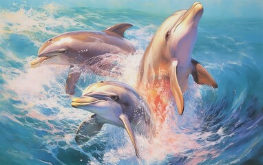 Three dolphins jumping out of the water. Generative AI, Generative, AI