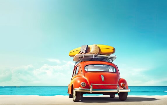 Yellow car with luggage on the beach. Generative AI.
