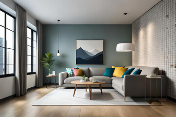 Interior of Living Room Modern style with Grey fabric sofa, Wooden side table, and white ceiling lamp on Wooden floor, Generative AI 