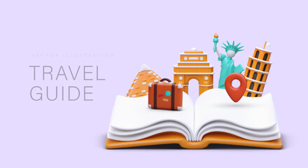 Travel guide. Giant unfolded book with 3D world sights, geotags, luggage. Color horizontal poster in modern style. Educational tours. Concept for tourism business