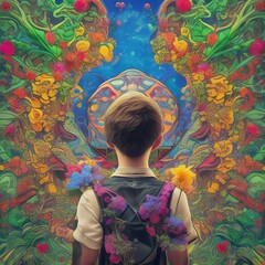 Fototapeta premium Junge schaut in eine Welt aus Blüten, AI und KI