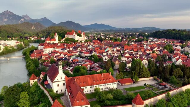 Aerial view over the medieval town Fussen, river and countryside and mountain, Germany