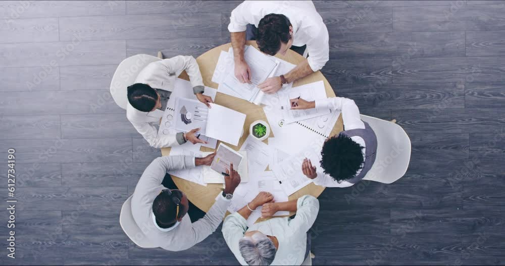 Poster business people, table talk and circle with paperwork, communication and meeting. company planning, 
