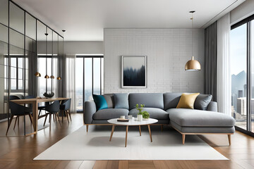 Fototapeta na wymiar Interior of Living Room Modern style with Grey fabric sofa, Wooden side table, and white ceiling lamp on Wooden floor, Generative AI 