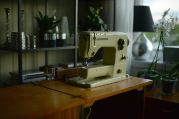 sweing machine in a living room by a shelf with green plants
