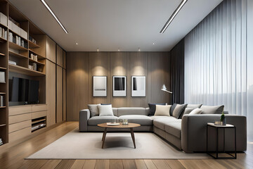 Fototapeta premium Interior of Living Room Modern style with Grey fabric sofa, Wooden side table, and white ceiling lamp on Wooden floor, Generative AI 
