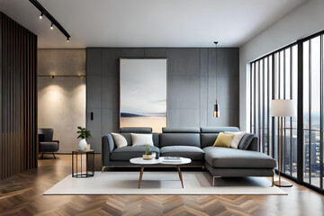 Naklejka na ściany i meble Interior of Living Room Modern style with Grey fabric sofa, Wooden side table, and white ceiling lamp on Wooden floor, Generative AI 