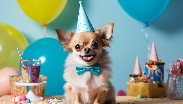 Cute Chihuahua celebrating his birthday. Funny cute dog celebrating his birthday party wearing festive hat. Funny cute pet Happy birthday concept pet