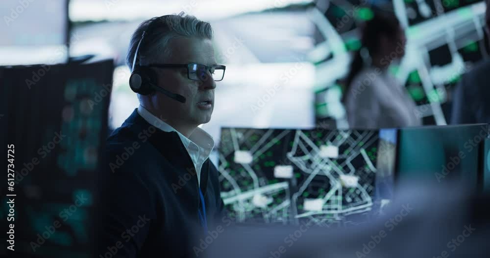 Aufkleber Middle Aged Surveillance Specialist in a Modern Monitoring Room with Displays and Computers. Manager Effectively Multitasking with Supporting Clients on a Phone Call and Computer Work