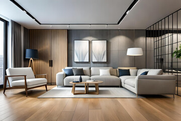 Fototapeta na wymiar Interior of Living Room Modern style with Grey fabric sofa, Wooden side table, and white ceiling lamp on Wooden floor, Generative AI 