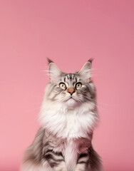 Beautiful young Maine Coon cat isolated on pink background. Copy space.