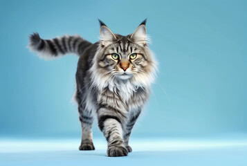 Fototapeta na wymiar Beautiful young Maine Coon cat in motion, isolated on a blue background