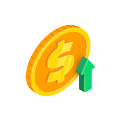 3D isometric money growth up concept. Vector trending upward green vertical arrow and gold dollar coin on white background. 3D render uptrend chart. Business, financial data infographics for app, web