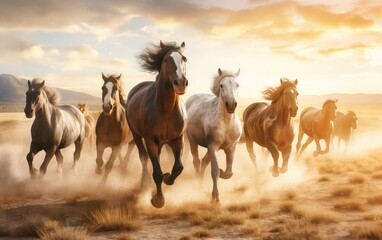 Horses running in the meadow at the sunset lighting. Generative AI.