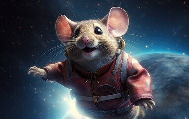 Astronaut mouse flying in space. Generative AI.