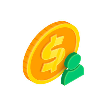 Income icon, Earn money 3D icon. Vector Isometric gold dollar coin with green person sign. Personal cash gains, personal payment symbol. Invite a friend bonus, loyalty program icon for web, app, ad