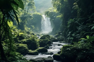 Naklejka na ściany i meble Waterfall tucked away within the dense foliage of the Amazon, emphasizing the hidden gems of this remarkable ecosystem. Generative Ai