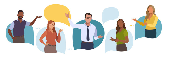 Discussion. Communication concept. Business people talking standing in the speech bubbles. Vector illustration. - obrazy, fototapety, plakaty