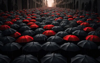 Black and red umbrellas in the city. Generative AI.
