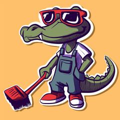 Digital art of a crocodile with sunglasses working as a janitor. Cool alligator with a broom swiping the floor at his job