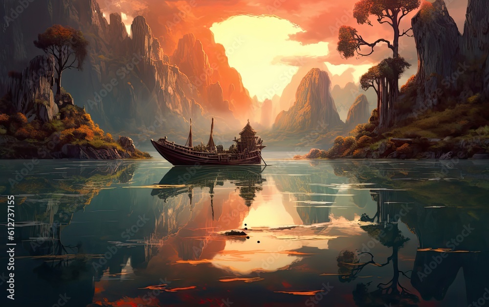 Poster sunset skyline over the lake with a small island. generative ai.